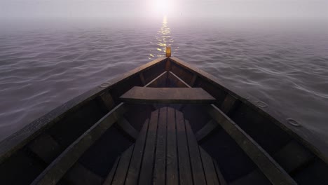 wooden boat on calm water at sunrise/sunset
