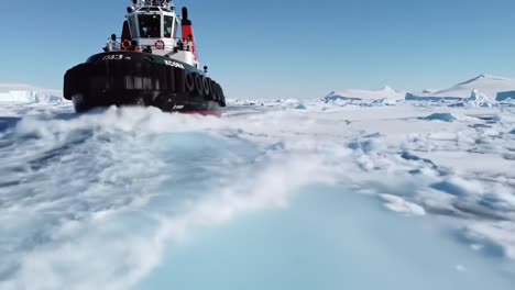 a tugboat navigates through ice-infested waters in a stunning arctic landscape, showcasing the powerful relationship between human engineering and nature's challenge