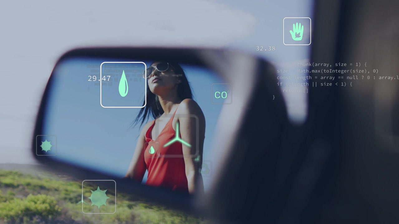 Woman at car mirror raising shades roadside, movement starting HUD updating CO2 charts for eco data