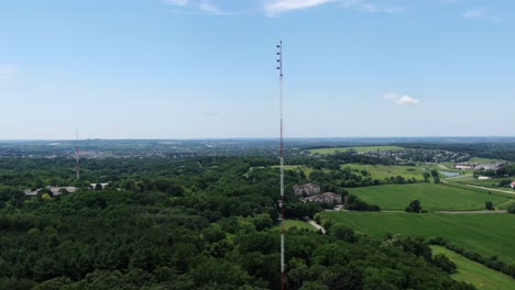 aerial forwarding dolly shot of telephone and communication towers in beautiful blue sky background