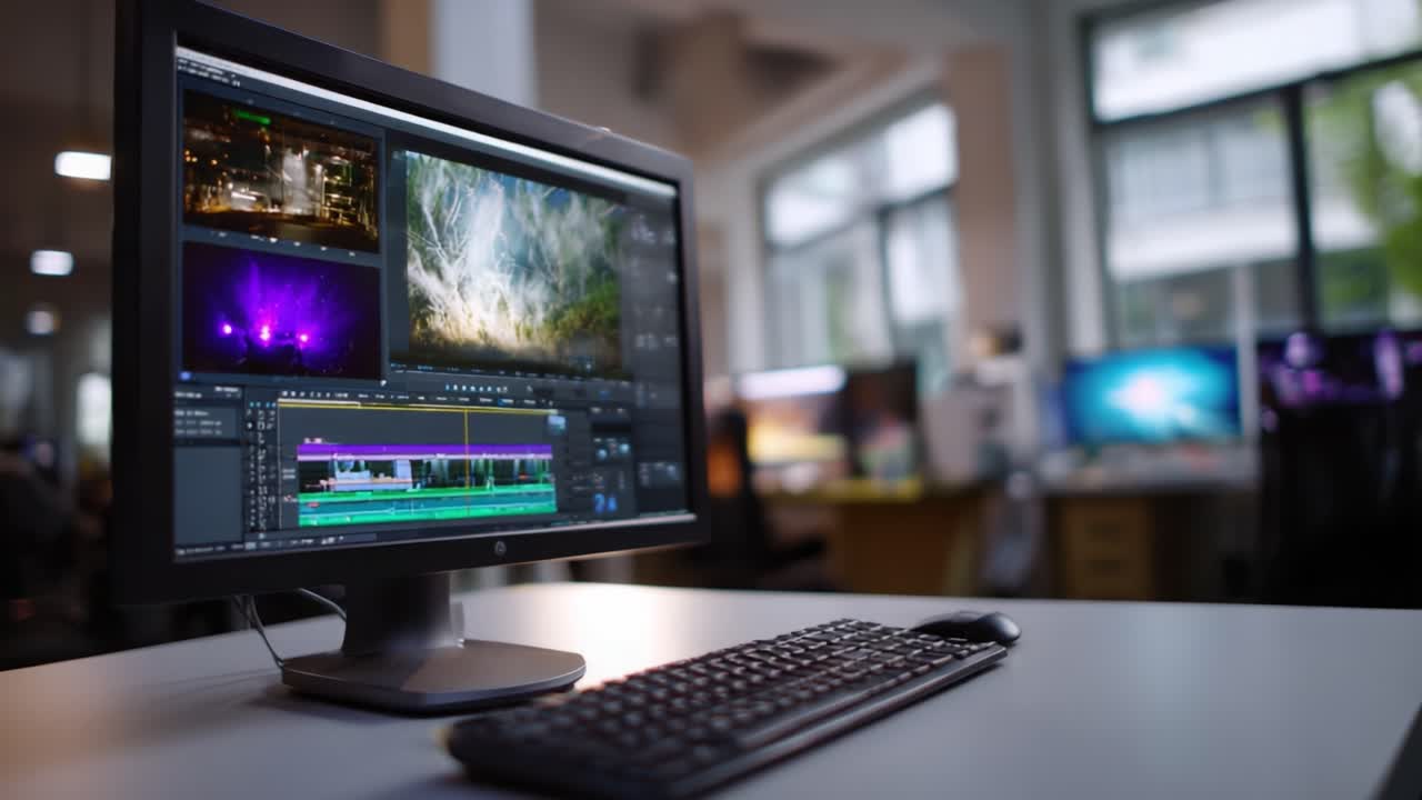 Processo di editing video catturato in due inquadrature distinte, che evidenziano l'interfaccia del software e i contenuti visivi dinamici su uno schermo di computer con configurazione professionale