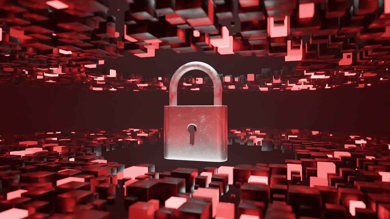 Metallic padlock floating in digital 3D environment made of abstract red glowing cubes. Cybersecurity and data protection concept. Design for banner, poster, wallpaper. Futuristic isometric view.