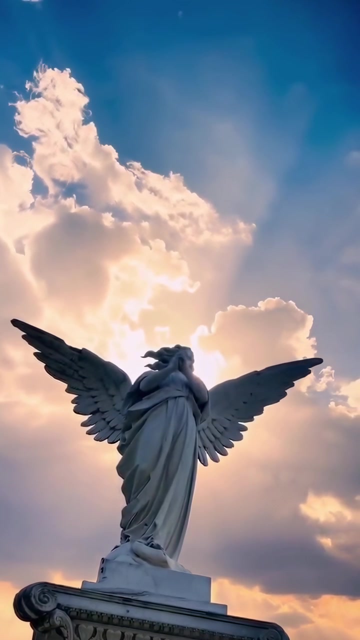 Statua di angelo in pietra contro un cielo al tramonto drammatico