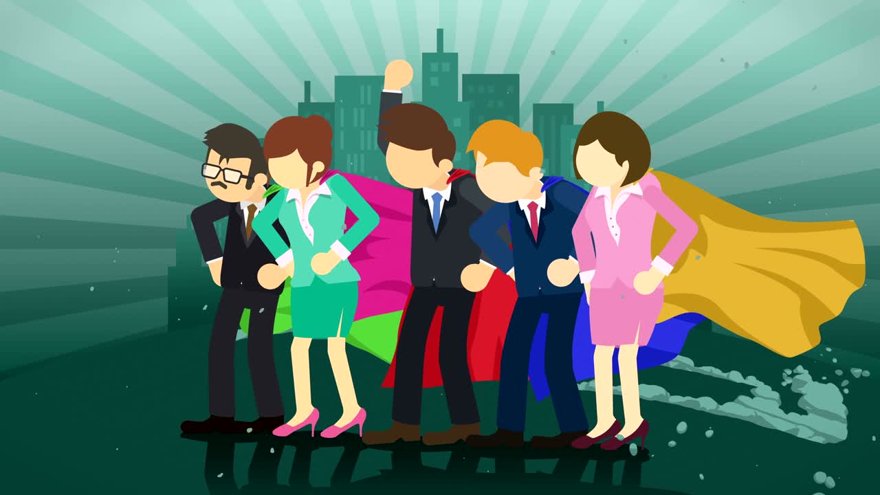 도시 배경에 서있는 슈퍼 히어로, 먼지 구름 근처, 비즈니스 팀 상징, 팀워크 및 성취 개념, 만화 루프 애니메이션.