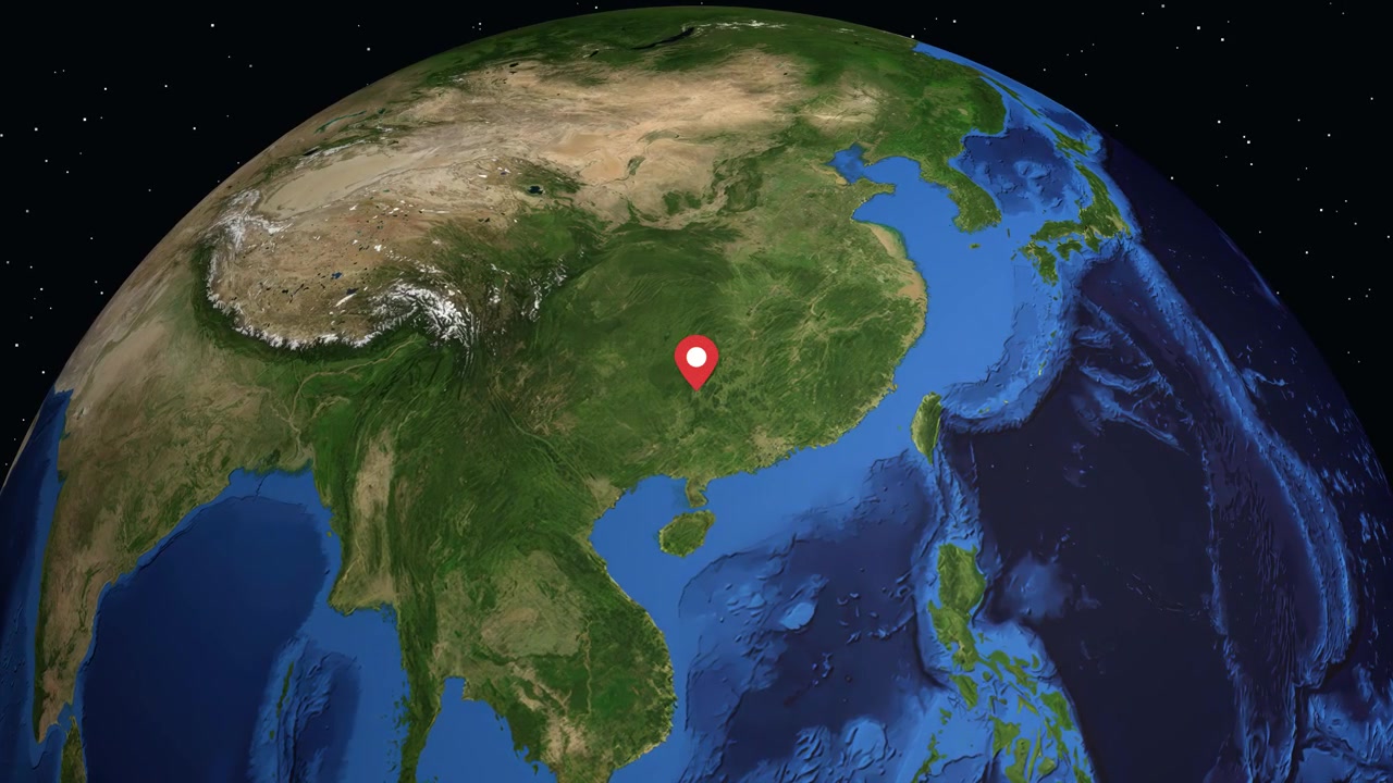 Un globo digital gira y se acerca a Guilin, China, mostrando un marcador de ubicación y datos