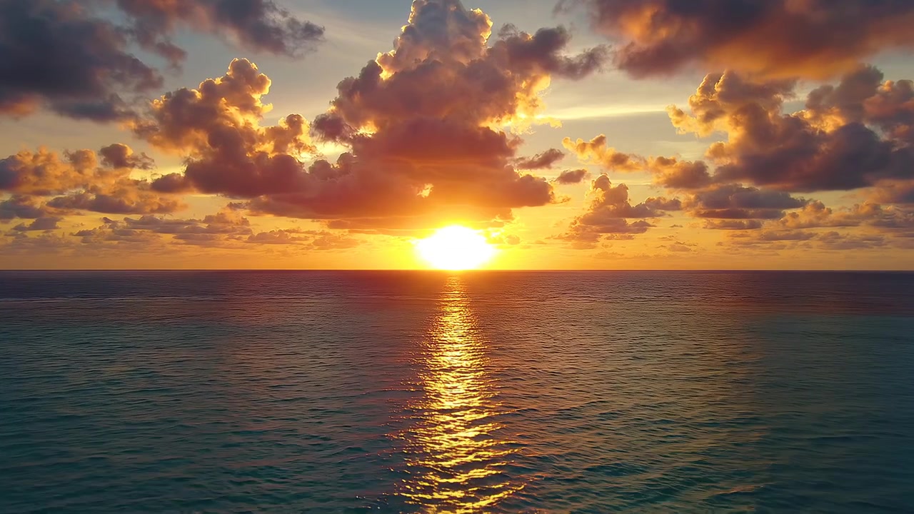 Beautiful golden sunset over a calm ocean with dramatic clouds
