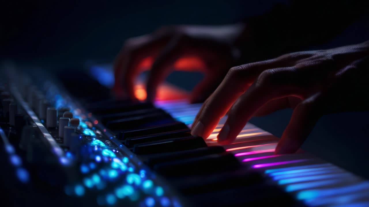 Captivating Performance on a Colorful Keyboard: Enchanting Notes Illuminate the Dark, Showcasing Artistic Flair and Passion for Music Through Vibrant Touch and Expression