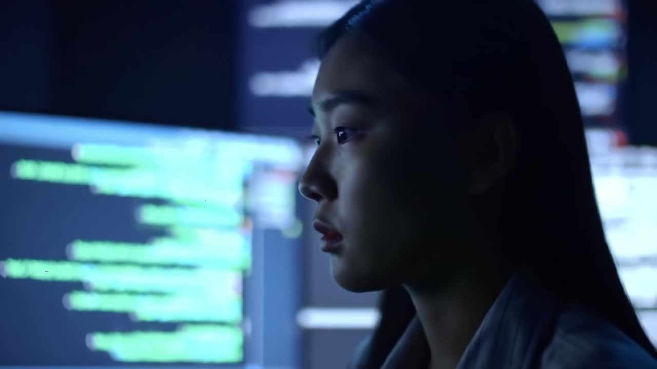 Focused Programmer Working Late at Night Surrounded by Multiple Monitors Displaying Lines of Code in a Dimly Lit Environment