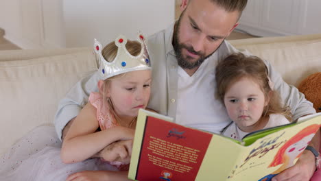 libro, educación y padre leyendo a los niños