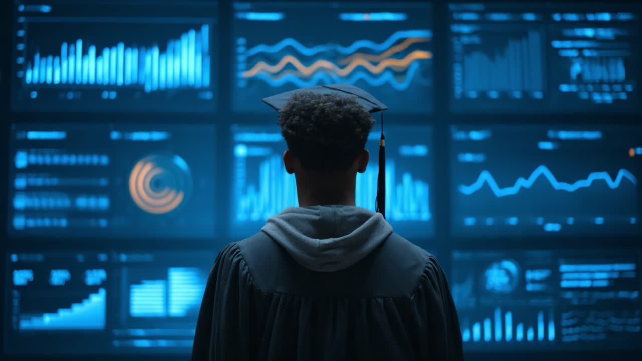 A graduate stands in front of dynamic data visualizations, reflecting on academic achievement and future possibilities in a tech-driven world