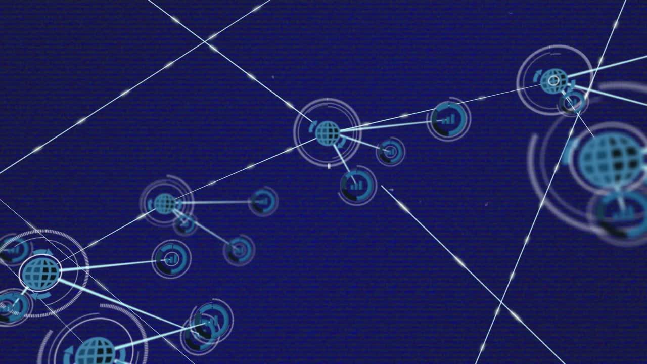 Animation of glitch effect over network of digital icons against blue background