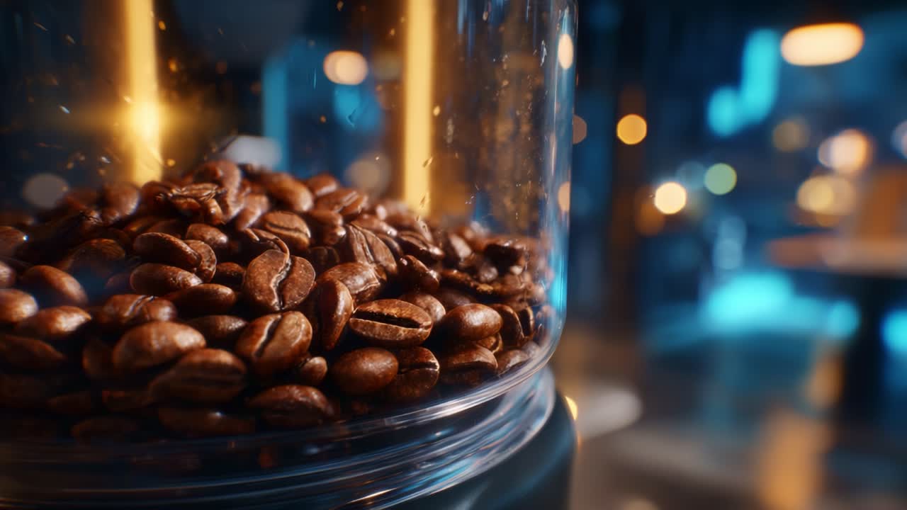 Primo piano di chicchi di caffè appena tostati in un contenitore di vetro con una luce soffusa proveniente dall'illuminazione ambientale, che cattura l'essenza di un ambiente accogliente dedicato al caffè