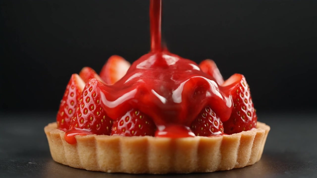 Glassa rossa alle fragole che viene versata su una crostata di fragole fresca