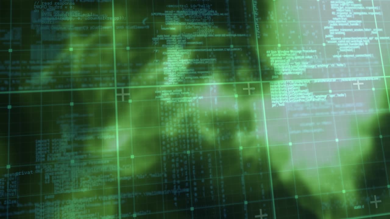 Animation of glowing data processing with markers over grid