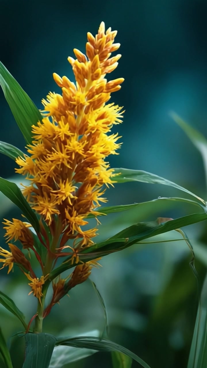 Pianta Fiorita Dorata e Vibrante con Petali Intricati su uno Sfondo Blu Tenue, Catturando la Bellezza della Natura in Piena Fioritura in un Ambiente Rigoglioso