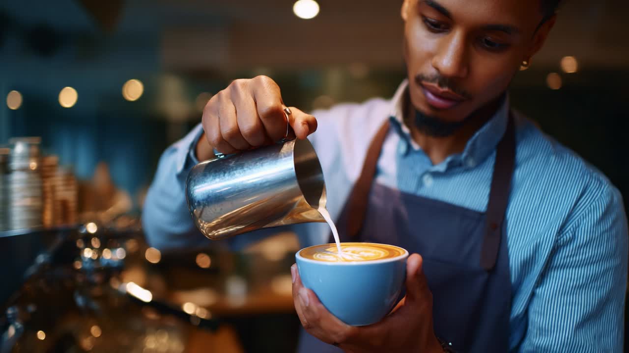 Barista Pouring Latte Art in Coffee Shop