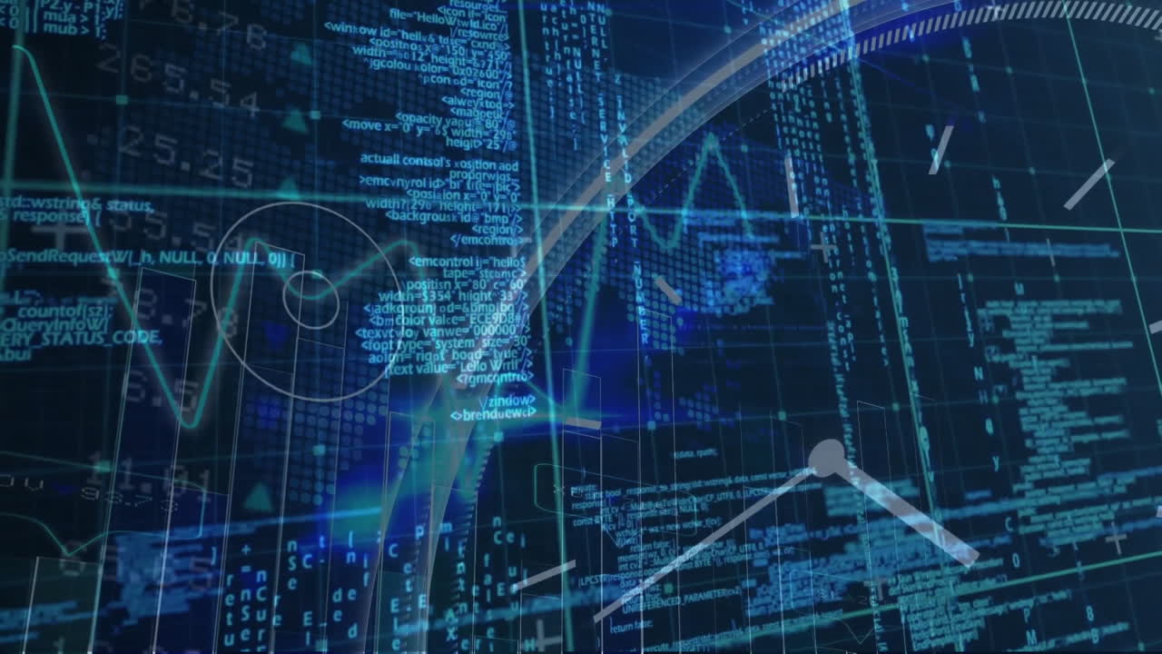 Animation of digital data and coding patterns forming network on blue background