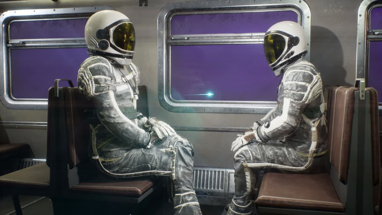Astronauts fly on a space train through the universe at breakneck speed. A space train with astronauts travelling at the speed of light.The looped animation is perfect for space and sci-fi backgrounds