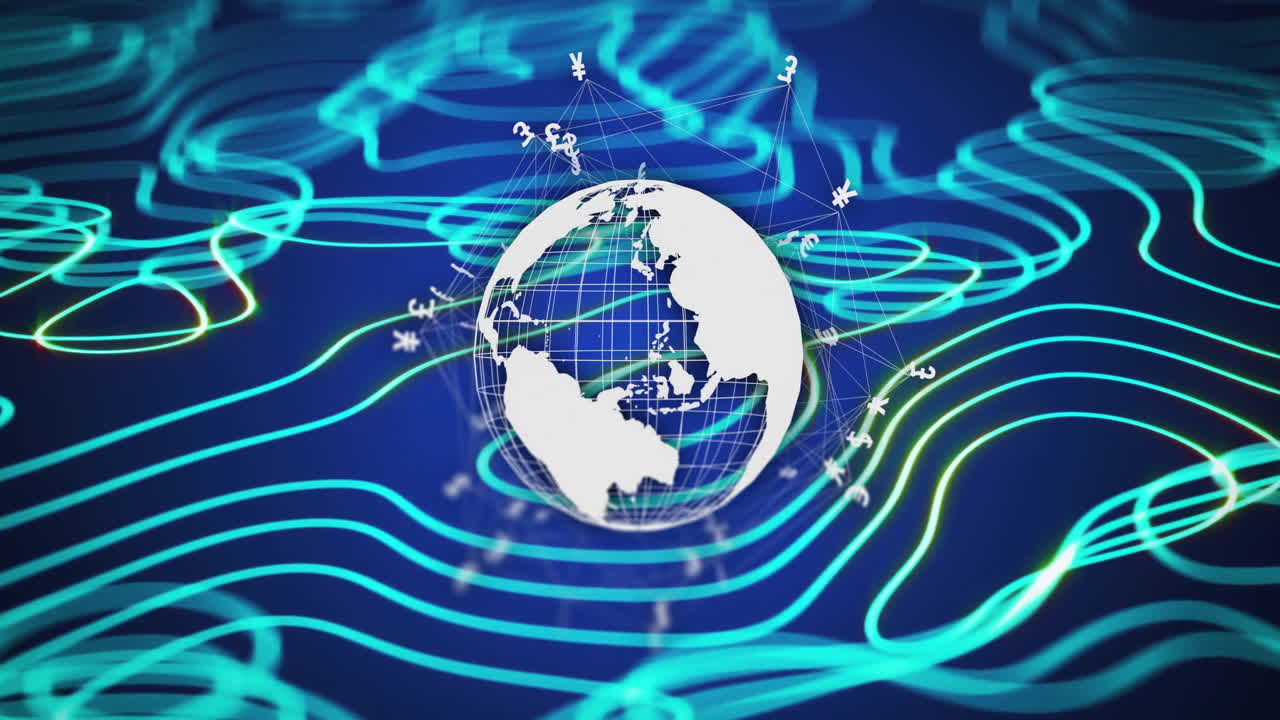 검은색 배경에 파란색 선을 가진 화폐와 지구상의 애니메이션