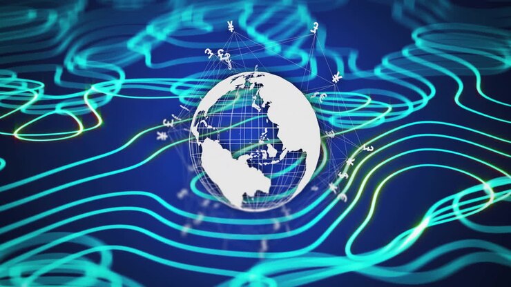 Animation of currency and globe with blue lines over black background