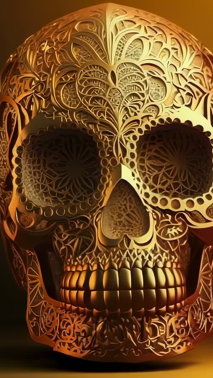 Vertical video: Golden filigree skull rotating right in studio space, with amber highlights