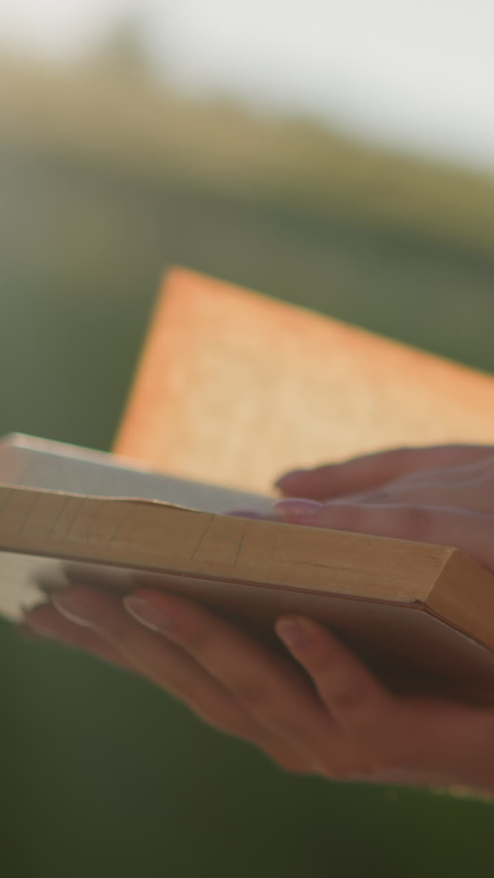 la luz del sol brilla desde la vegetación borrosa en el fondo, reflejándose en el libro sostenido por una mujer que lleva gafas en su camiseta negra, revisa suavemente las páginas mientras está sentada