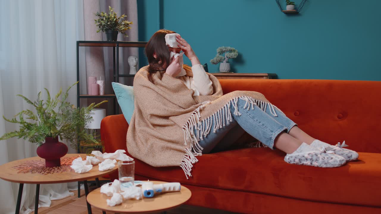 retrato de una mujer joven que sufre de resfriado o alergia en cuadros acostada en el sofá en la sala de estar en casa
