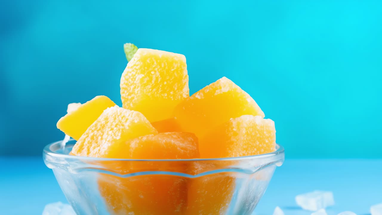 Glass bowl full of frozen cantaloupe cubes with mint leaves, creating a refreshing and colorful summer dessert against a vibrant blue background