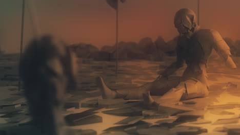 destroyed andorids on a junkyard in yellow light
