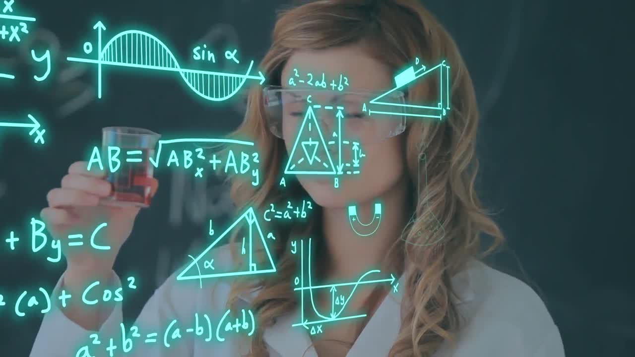 animación del procesamiento de datos científicos sobre una científica caucásica en el laboratorio