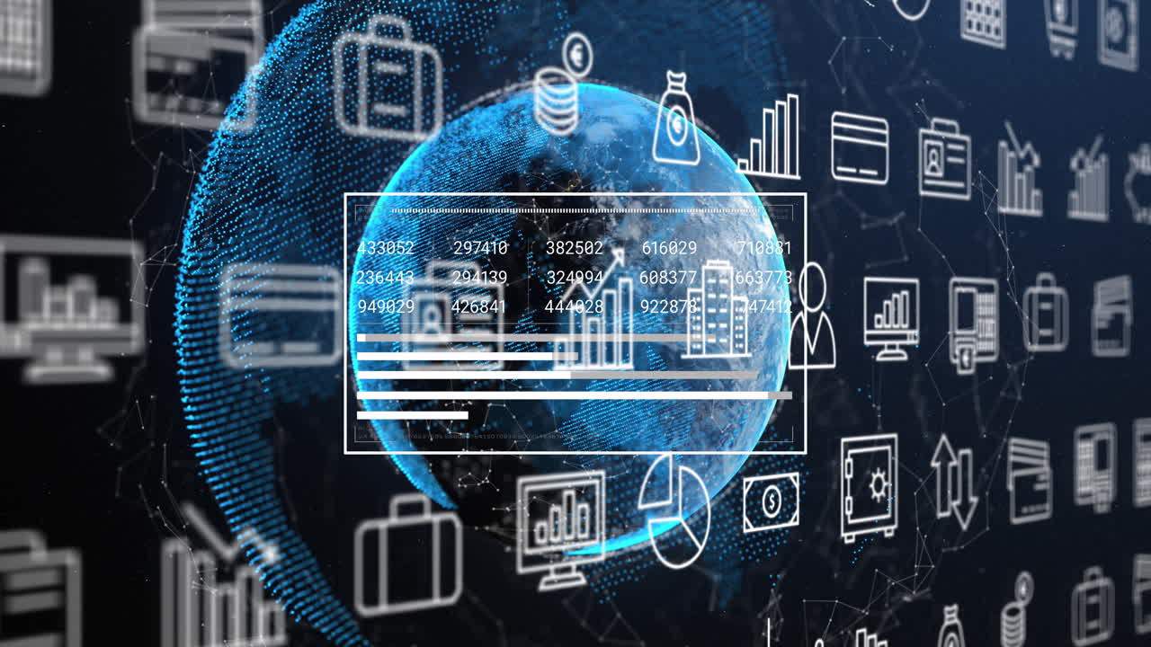 animación de múltiples iconos digitales y red de conexiones en un globo sobre fondo azul