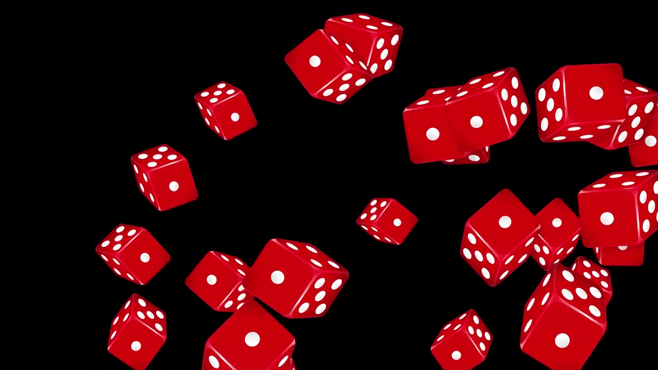 Animazione 3D dinamica di dadi da gioco rossi che esplodono e rotolano attraverso uno spazio vuoto e scuro.