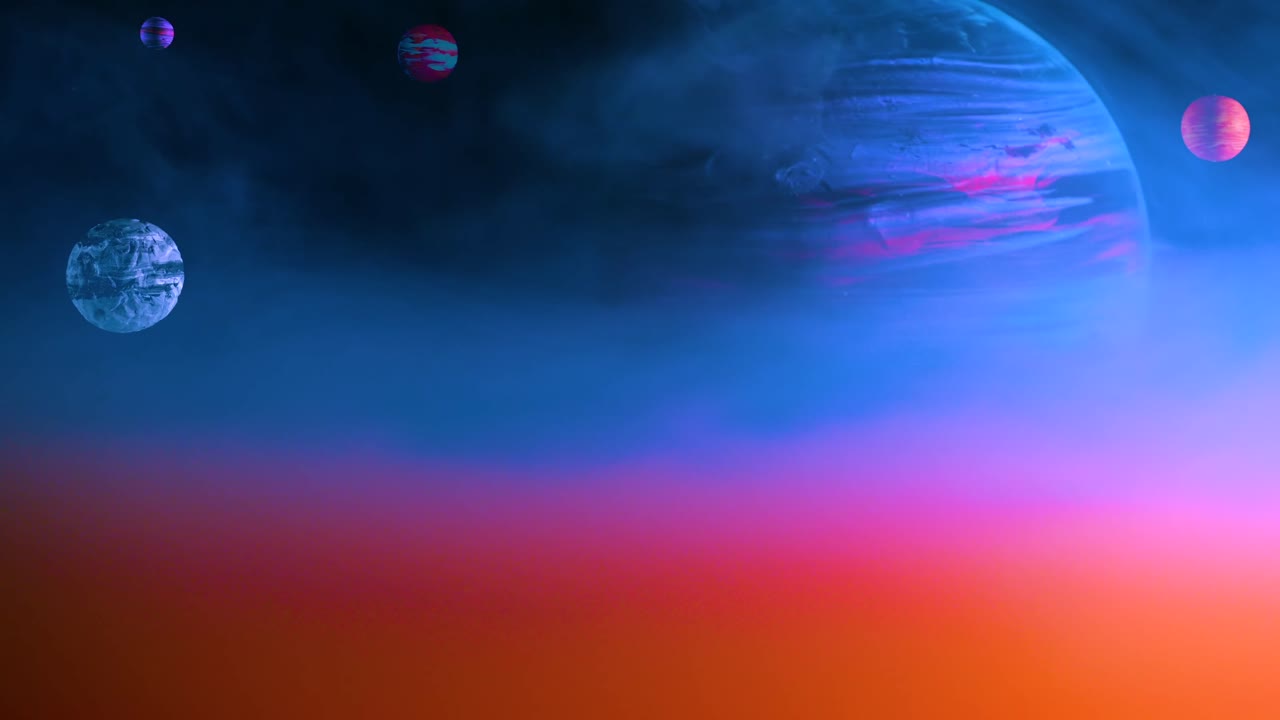 planetas en tonos vibrantes orbitando en medio de un velo de etéreo polvo azul, encarnando una interpretación artística y enigmática de la astrología