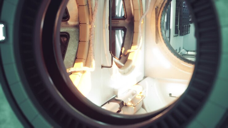 Interior view of a space station with sunlight through the windows