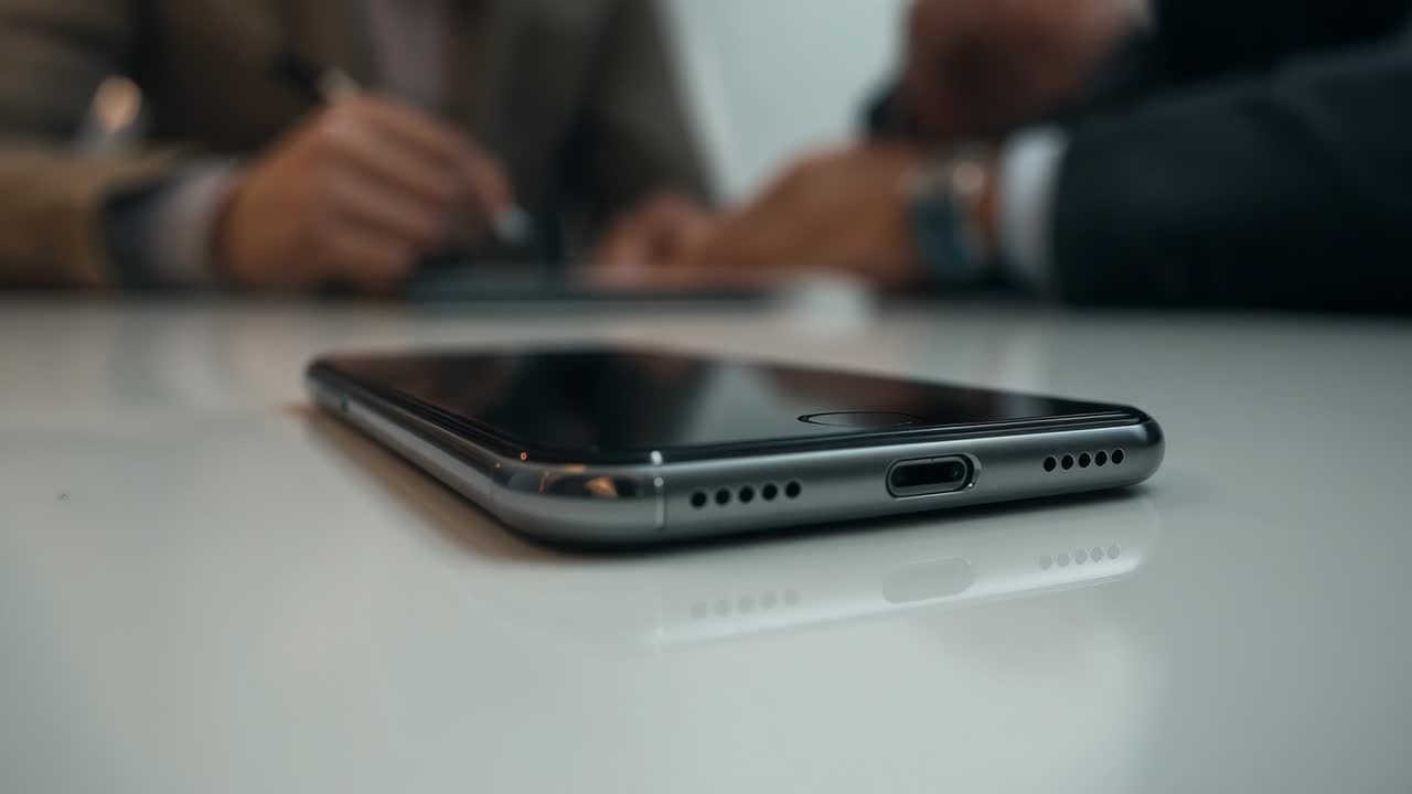 Showing smartphone on glossy table during meeting while colleagues in suits gesturing, one with pen
