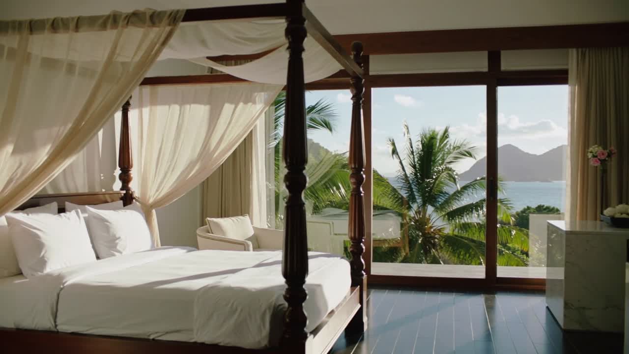 Showing wood 4-poster bed with sheer drapes occupying foreground in sunlit resort suite, ocean view