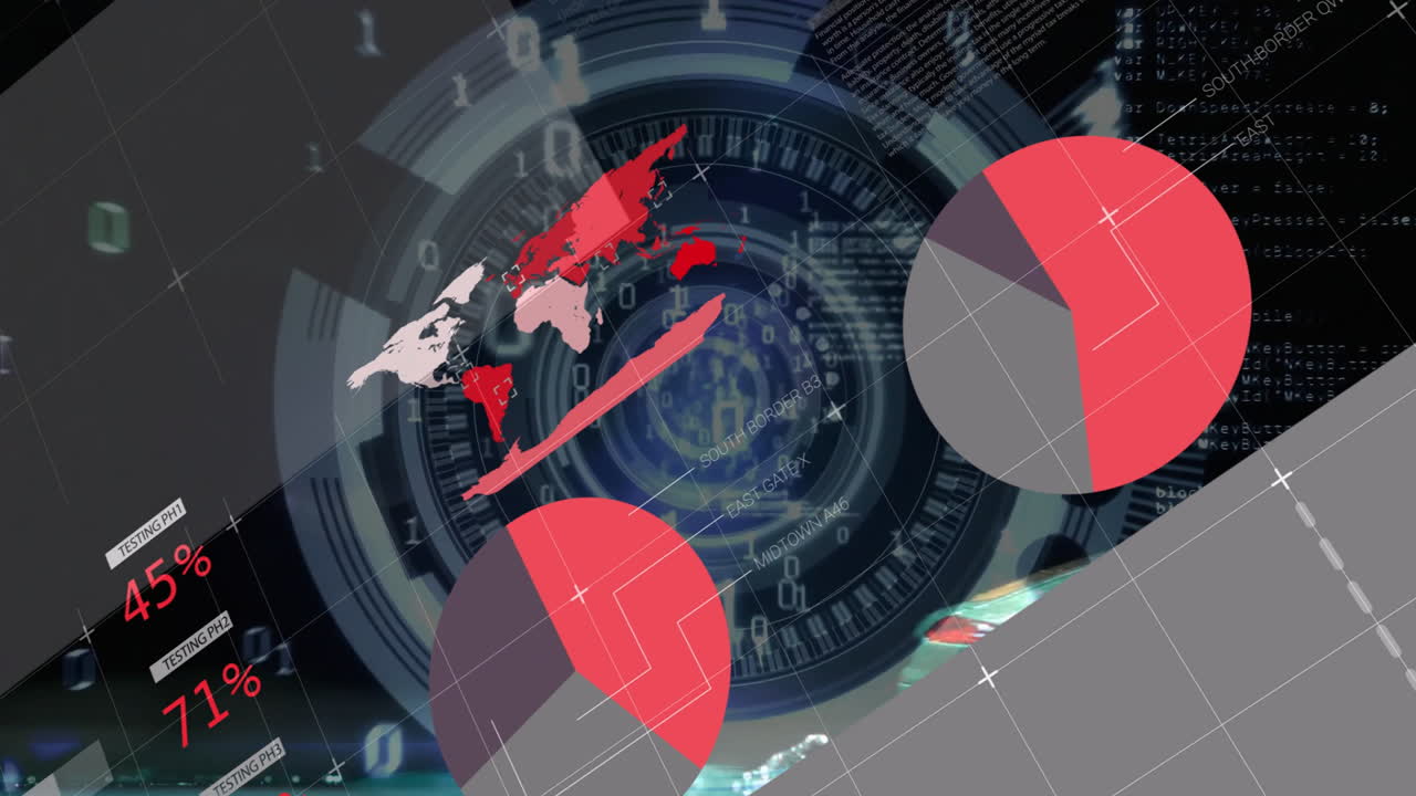 Processing global data, digital interface with world map and pie charts displayed