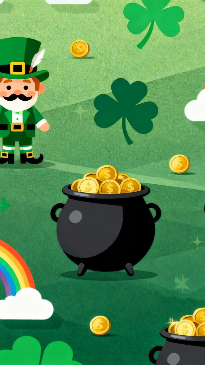 Video verticale: Moneta che cade creando scintille su una pentola d'oro in una scena di San Patrizio, con un leprecauno con il cappello.