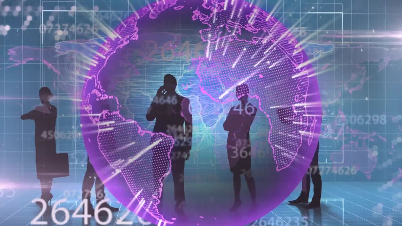 animación del procesamiento de datos y el mundo sobre los empresarios y el mapa del mundo