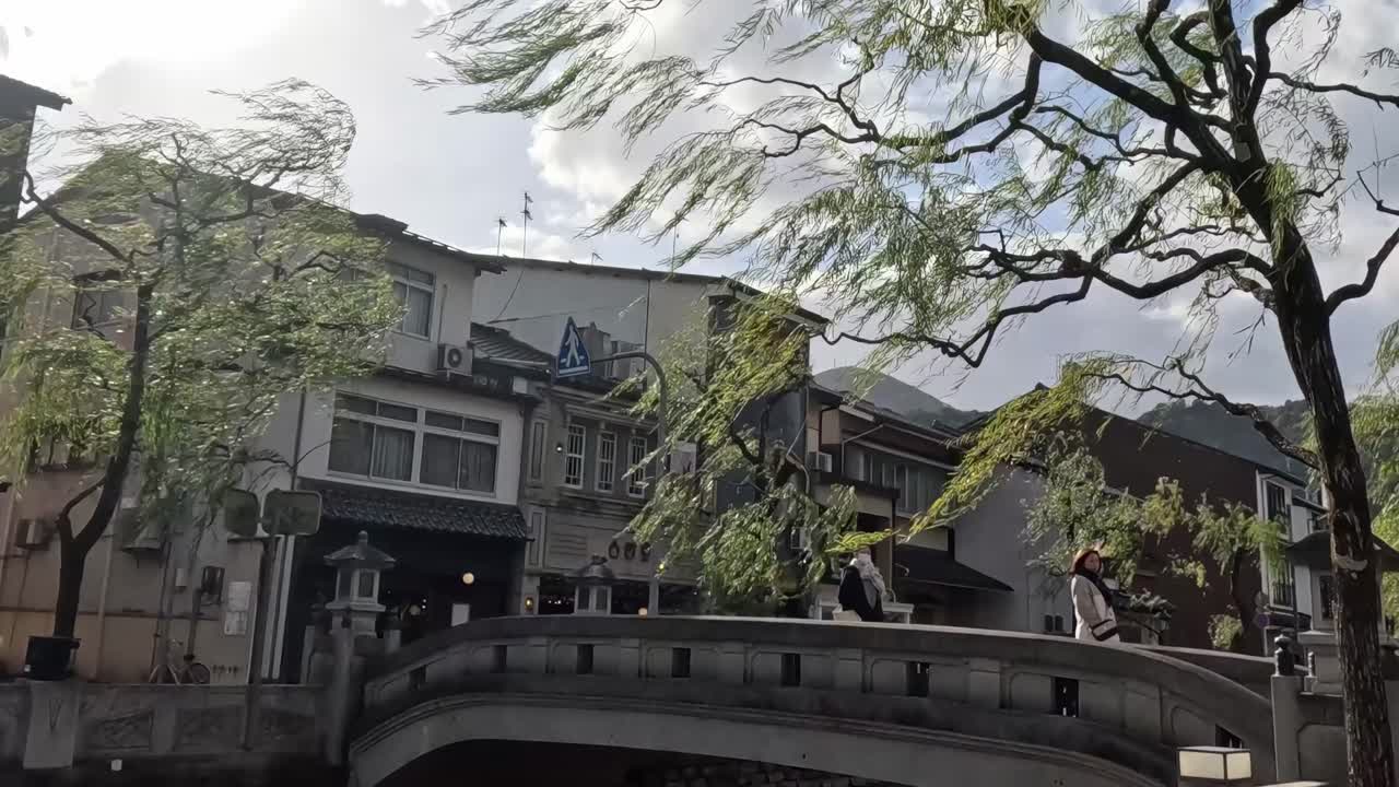 Time-lapse of trees swaying in the breeze against a backdrop of urban buildings under a bright sky.