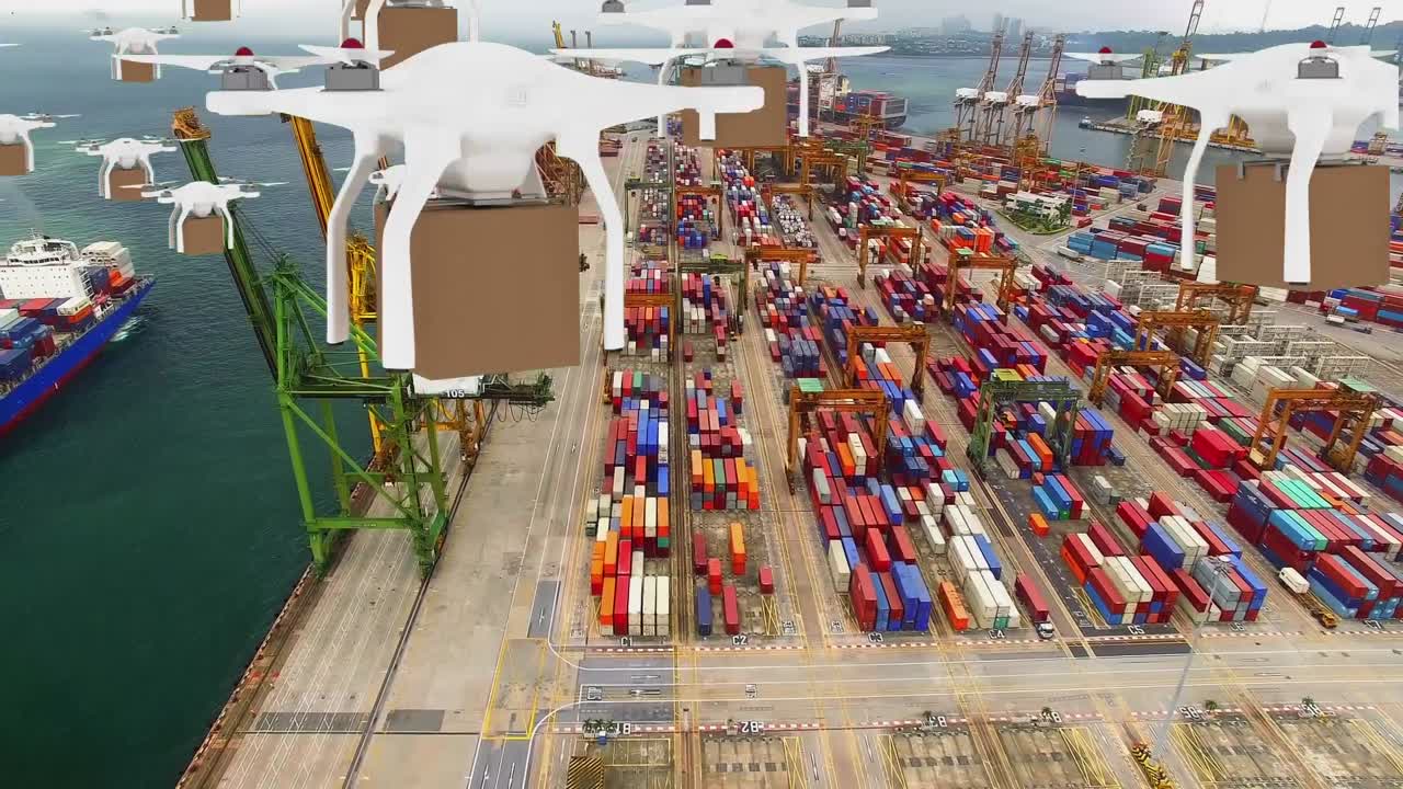 aviones no tripulados volando en un puerto