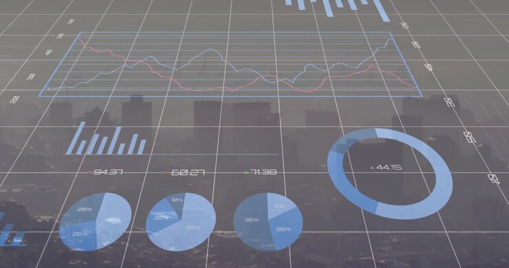 Visualizzazione animata di dati finanziari con grafici su sfondo urbano