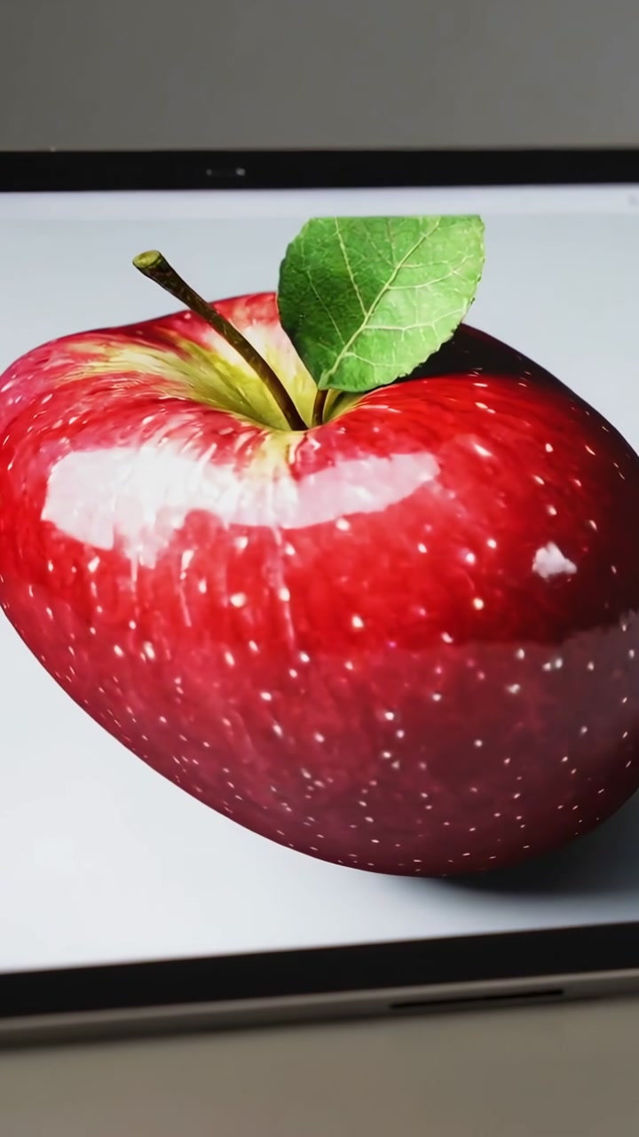 Vertical video: Moving camera bringing red apple into close-up on tablet at tabletop showing leaf