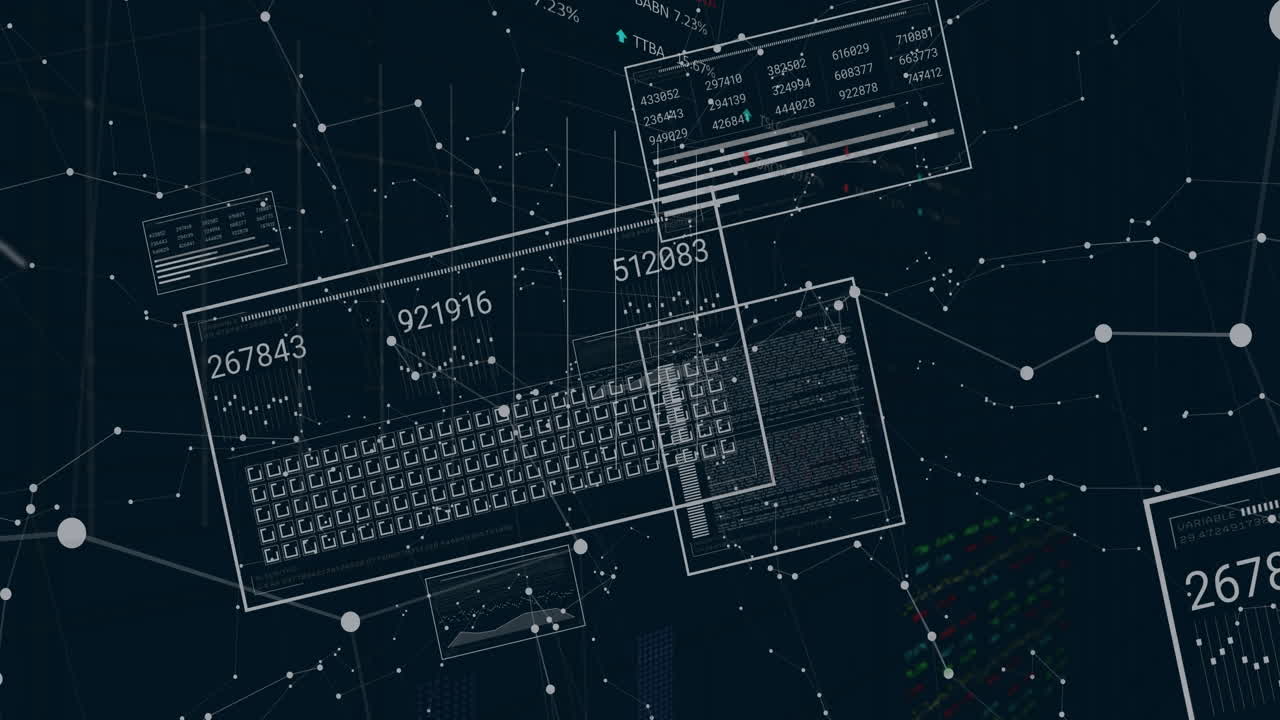 Animation of digital data processing with numbers and keyboard on dark network background