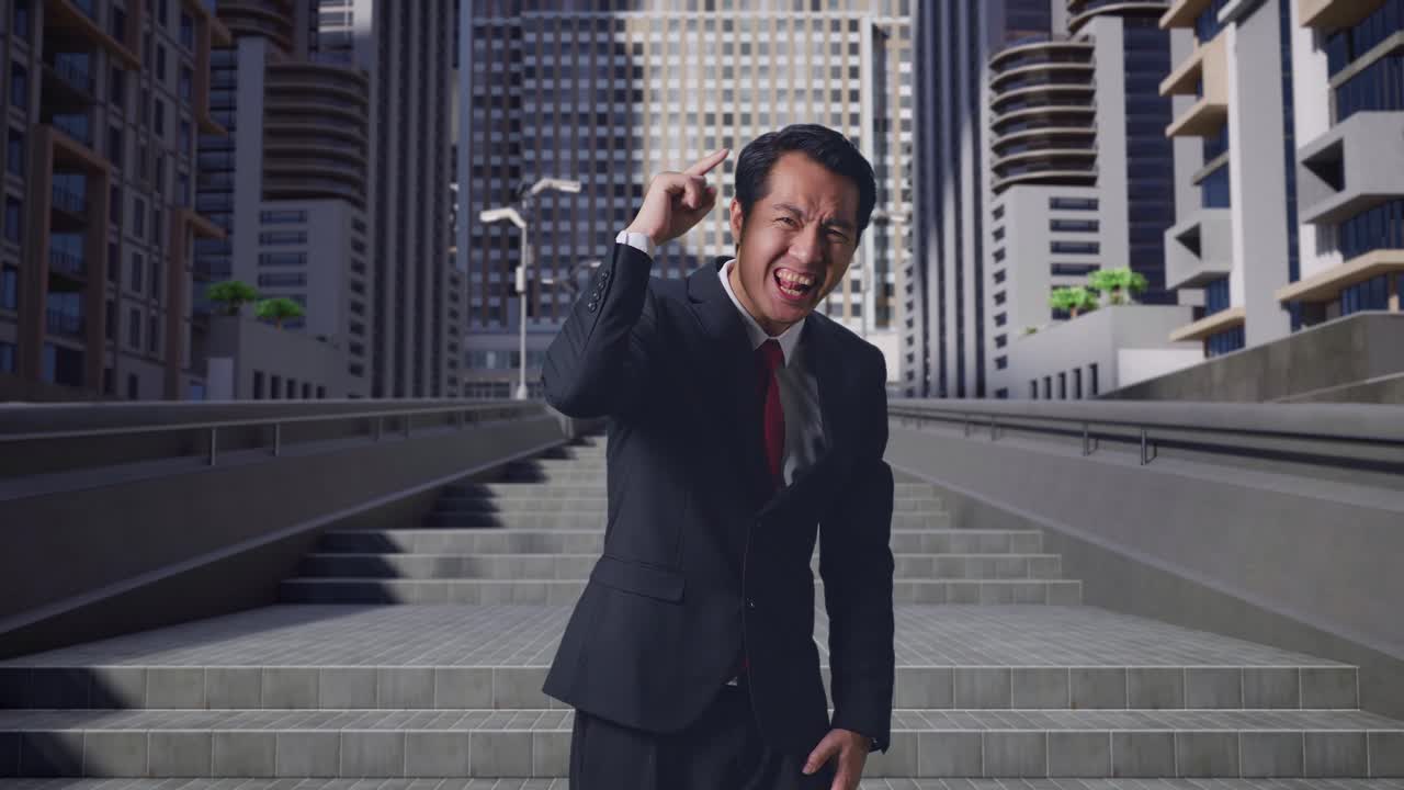 un hombre de negocios asiático enojado regañando mientras estaba de pie en la ciudad