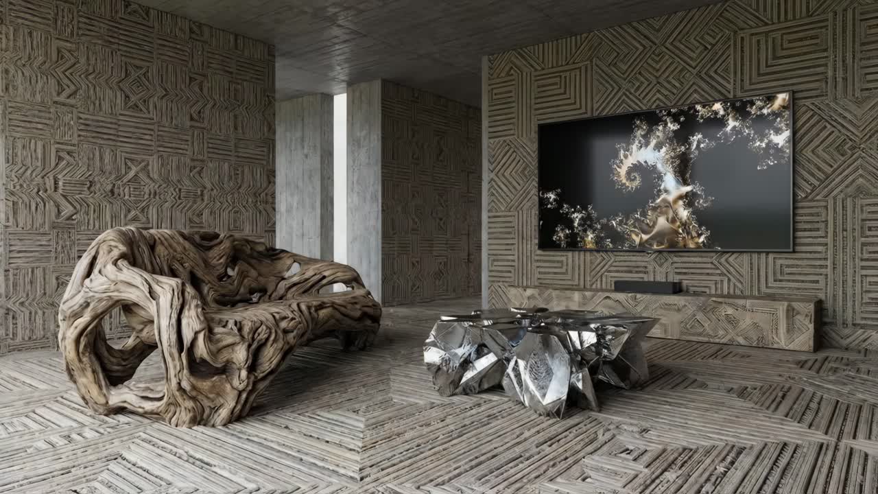 Soggiorno elegante con divano in legno dal design organico e tavolino da caffè geometrico