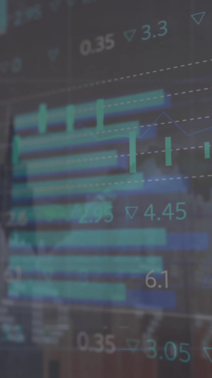 Animation of financial data processing over cityscape