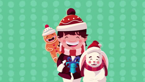 animación de feliz navidad con niño y conejo