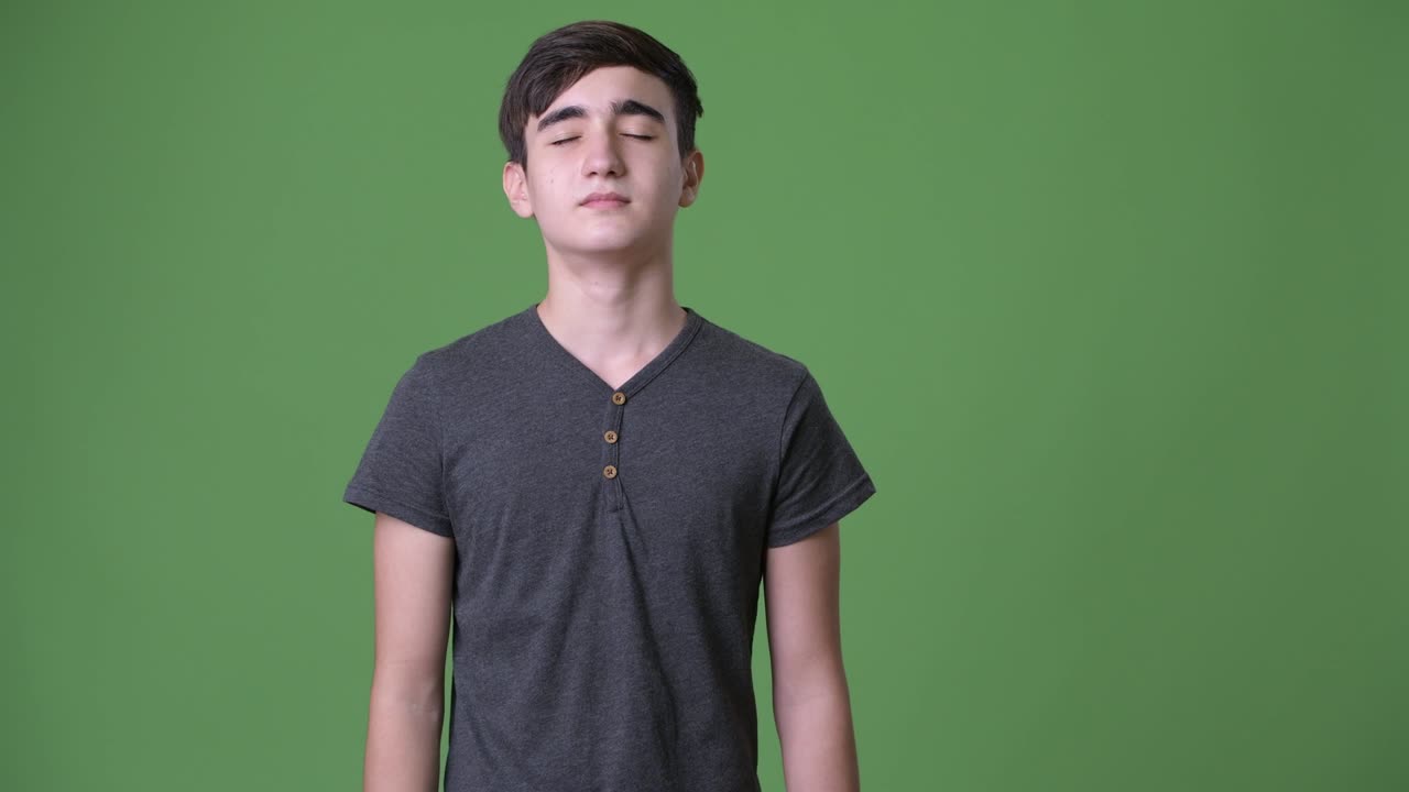 초록색 배경에 젊은 잘생긴 이란 십대 소년