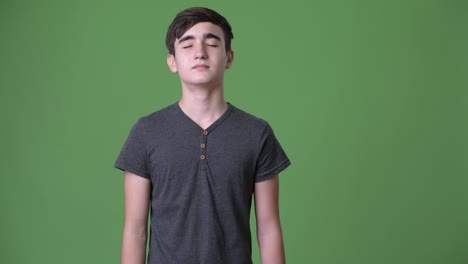 young handsome iranian teenage boy against green background